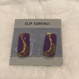 Rectangular Gold and Purple Clip On Earrings